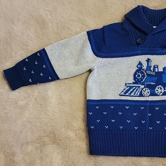 JANIE AND JACK BLUE AND GRAY TRAIN SHAWL COLLAR SWEATER, SIZE 12-18 MONTHS - Picture 3 of 8